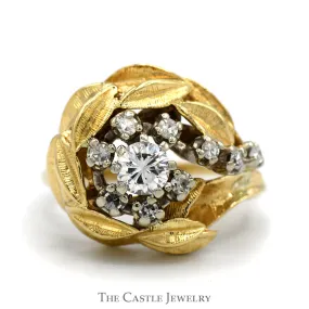 1/2cttw Floral Inspired Cluster Ring with Leaf Designed Halo in 14k Yellow Gold