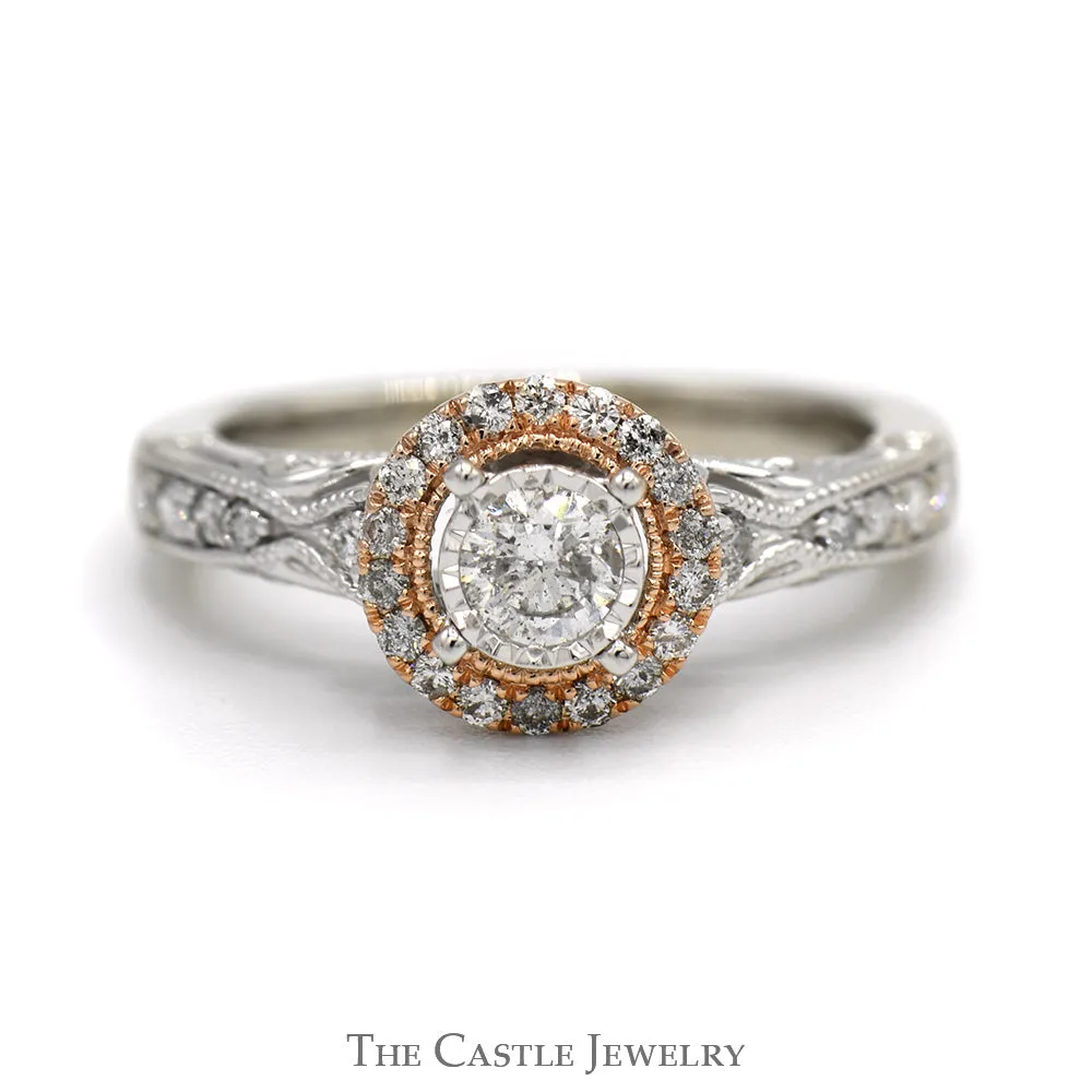 1/2cttw Round Diamond Engagement Ring with Diamond Halo and Diamond Accented Sides in 14k Rose & White Gold