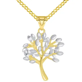 14k Solid Yellow Gold Textured Two Tone Tree of Life Pendant Necklace Available with Curb Chain