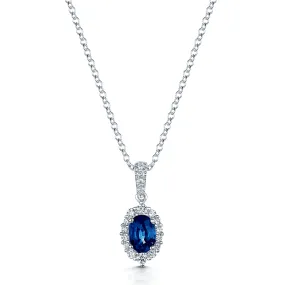 18ct White Gold Oval Sapphire And Diamond Halo Pendant With Diamond Bale