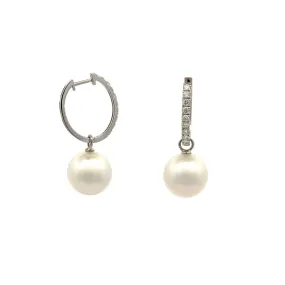 18K White Gold Australian South Sea Cultured 12-13mm Pearl and Diamond Huggie Earrings