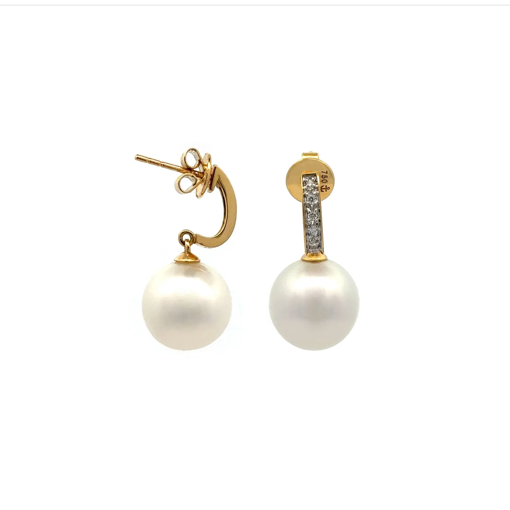 18K Yellow Gold Australian South Sea Cultured 11-12mm Pearl and Diamond Drop Earrings