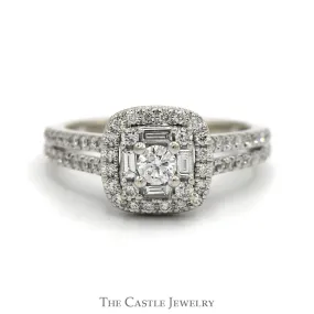 1cttw Round & Baguette Diamond Cluster Ring with Diamond Halo and Accented Split Shank Sides in 14k White Gold