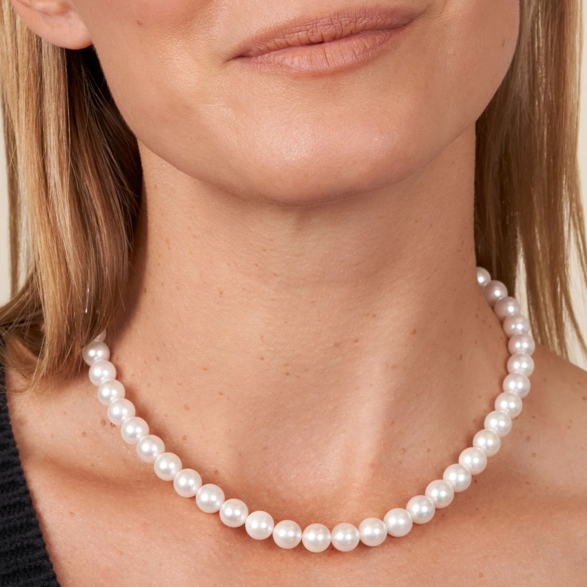 8.0-8.5 mm 18 Inch AA  Bright White Silver Tone Akoya Pearl Necklace