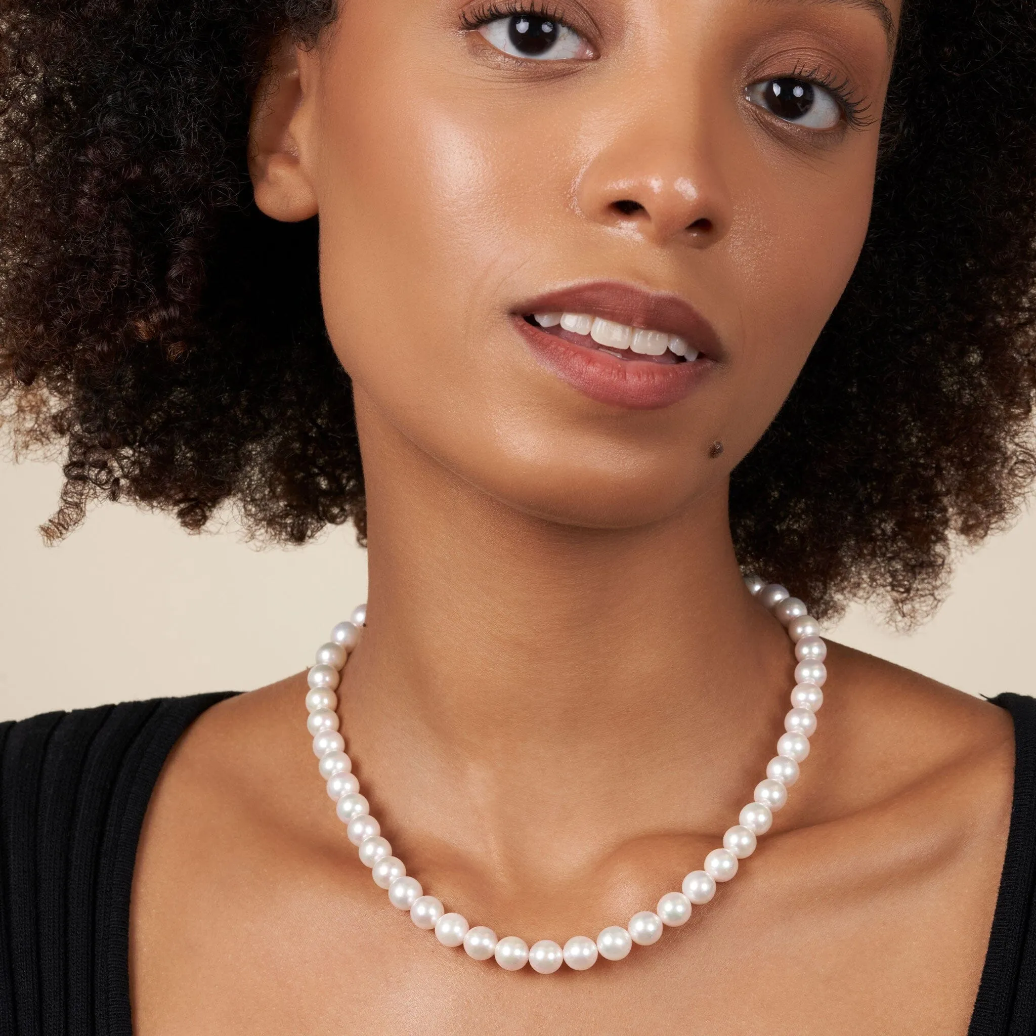 8.0-8.5 mm 18 Inch AA  Bright White Silver Tone Akoya Pearl Necklace