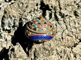 Antique Asian Cloisonne Enamel Miniature Trifooted Jar Trinket Box W Lid Censer