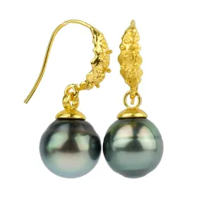 Cascadia 13mm Tahitian Pearl 18KP Gold Hook Earrings