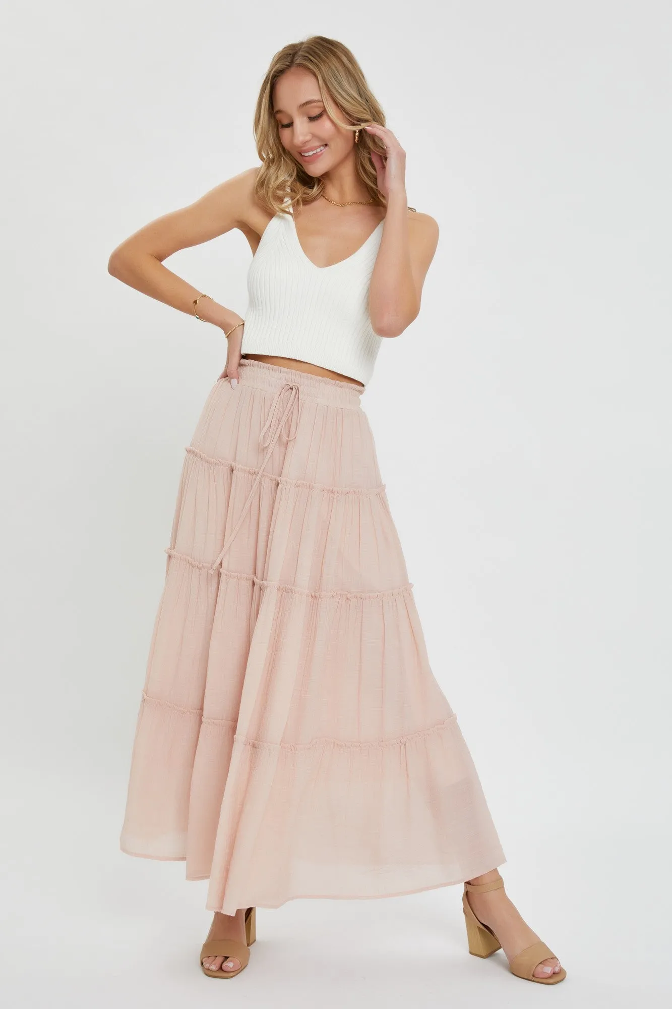 Drawstring Tiered Maxi Skirt in Blush