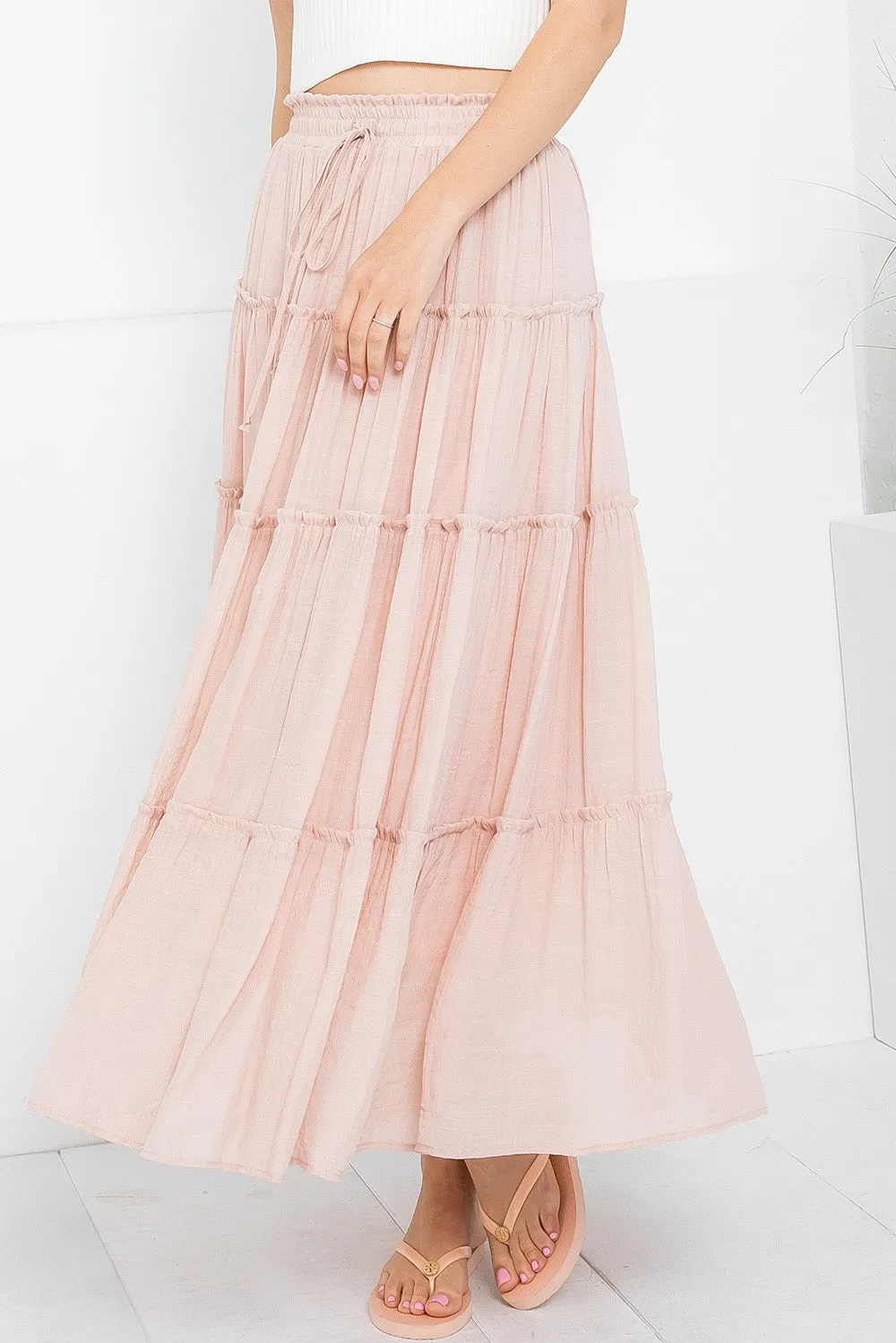 Drawstring Tiered Maxi Skirt in Blush