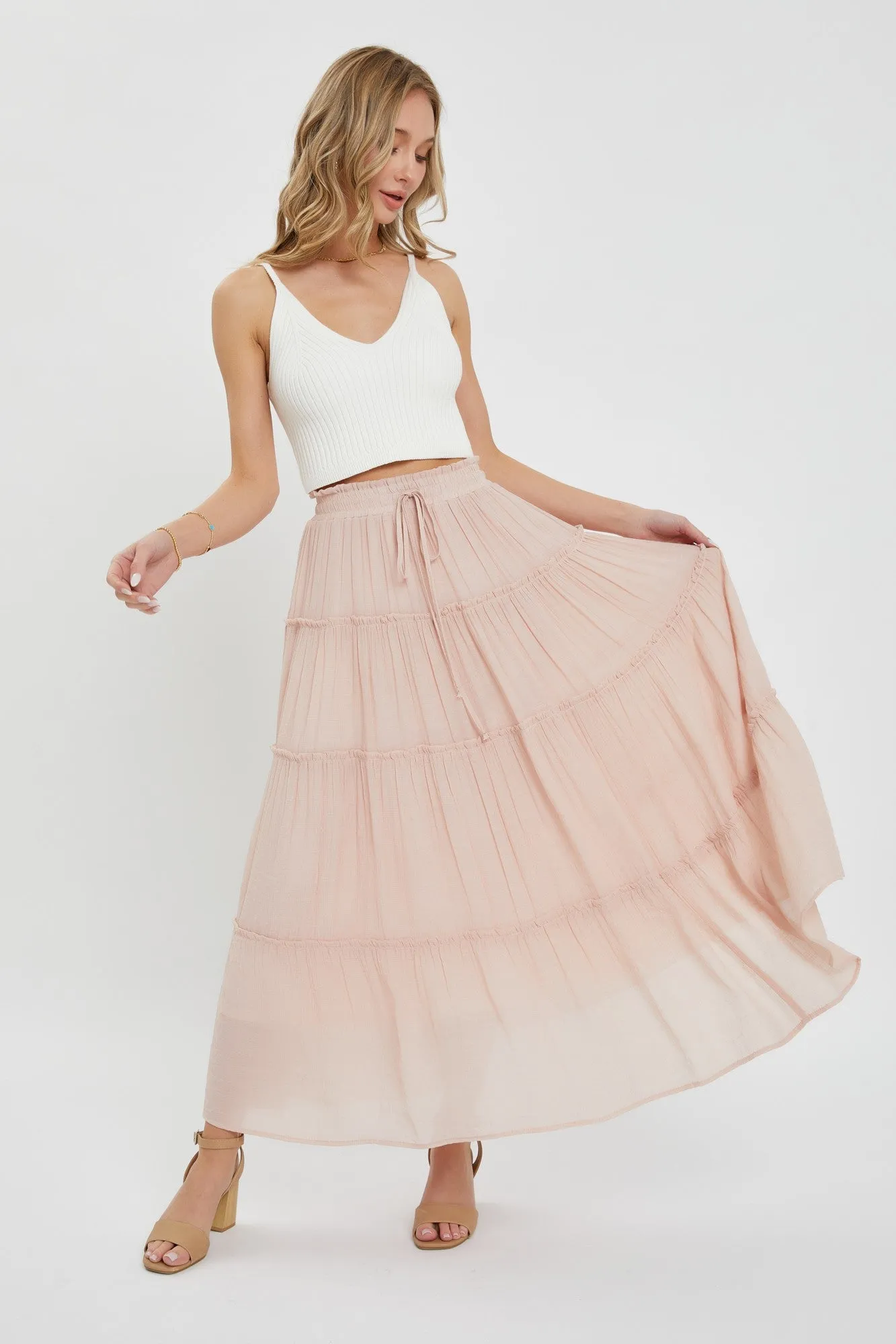 Drawstring Tiered Maxi Skirt in Blush