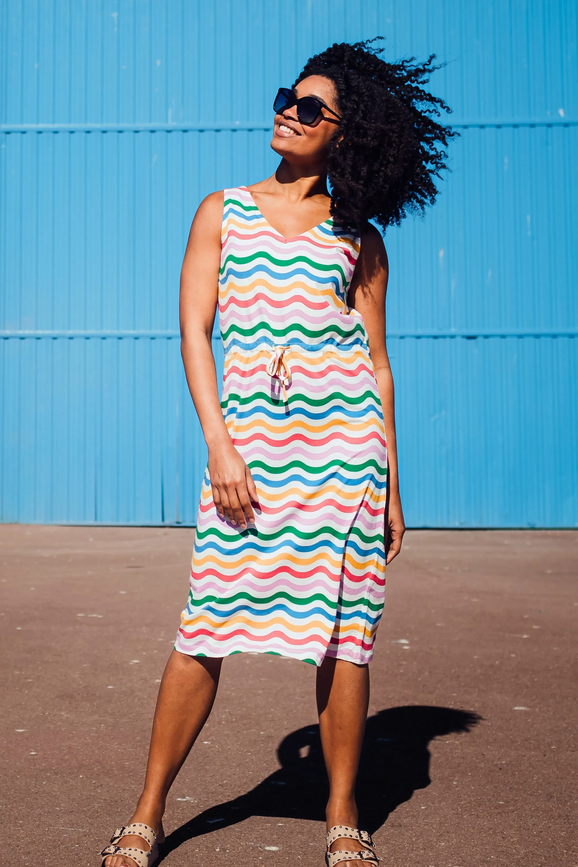 Gilly Jersey Midi Dress - Multi, Wavy Rainbow Stripes