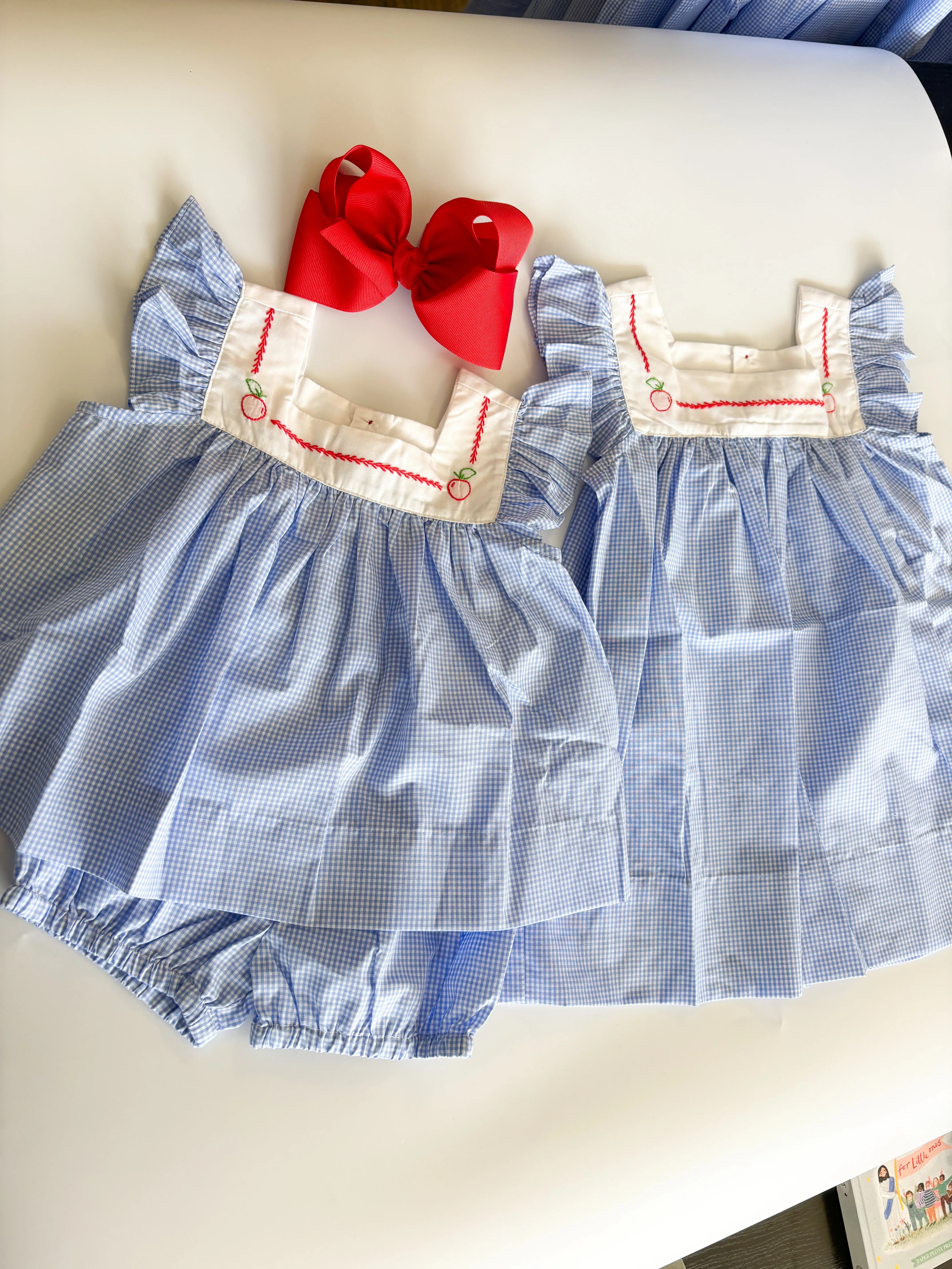 Girls Blue Gingham Bloomer Set with Apple Embroidery