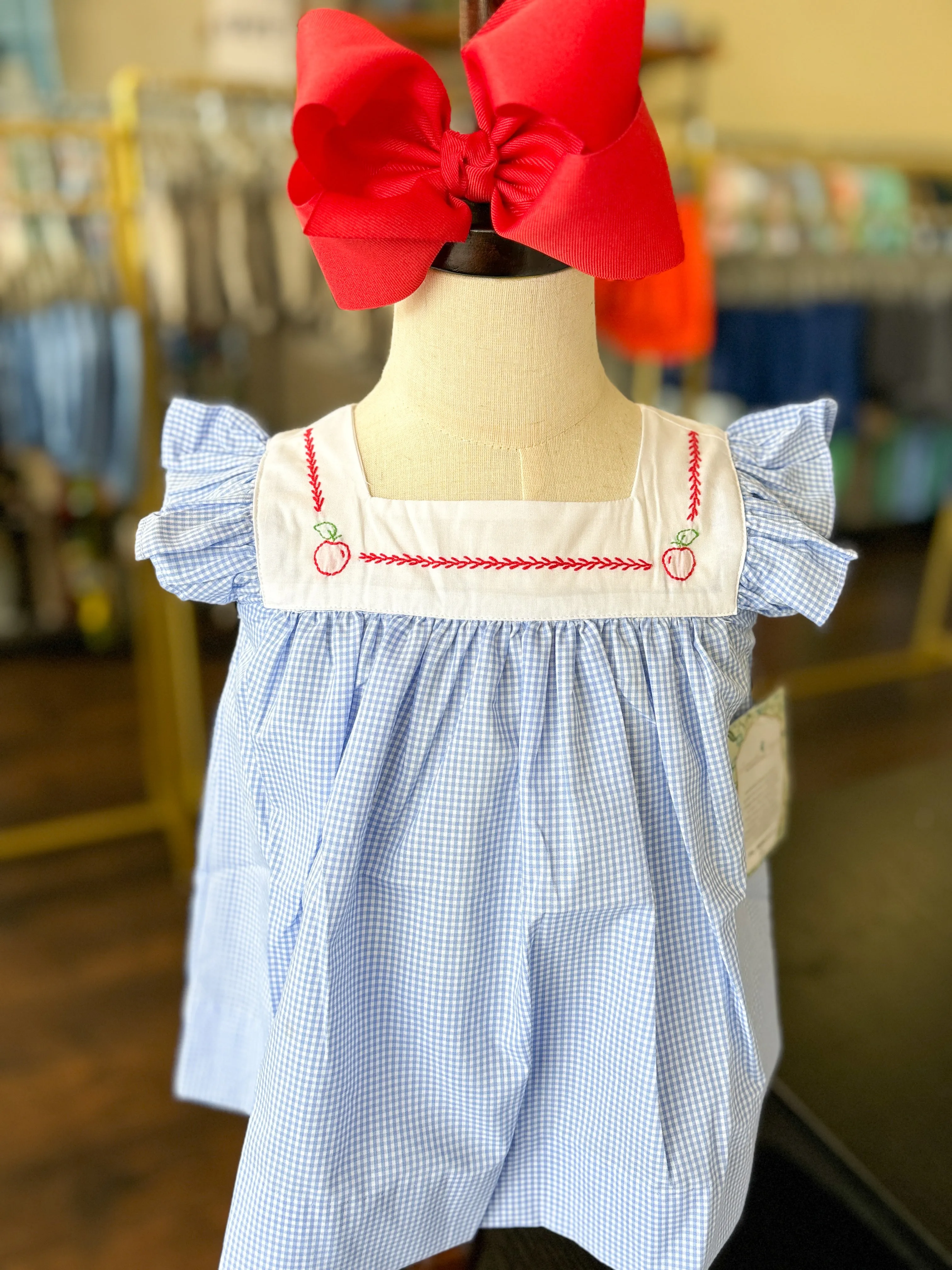 Girls Blue Gingham Bloomer Set with Apple Embroidery