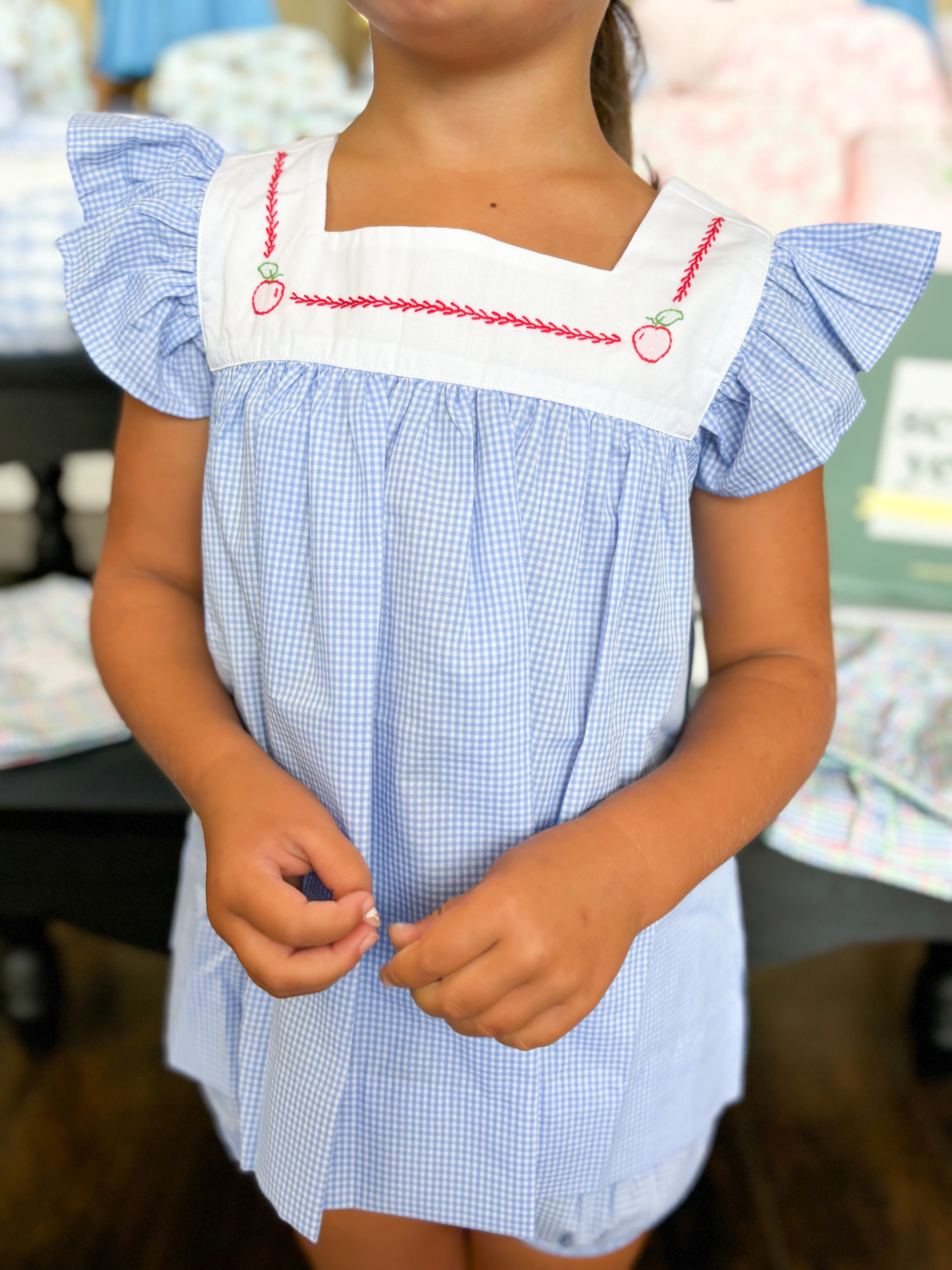 Girls Blue Gingham Bloomer Set with Apple Embroidery