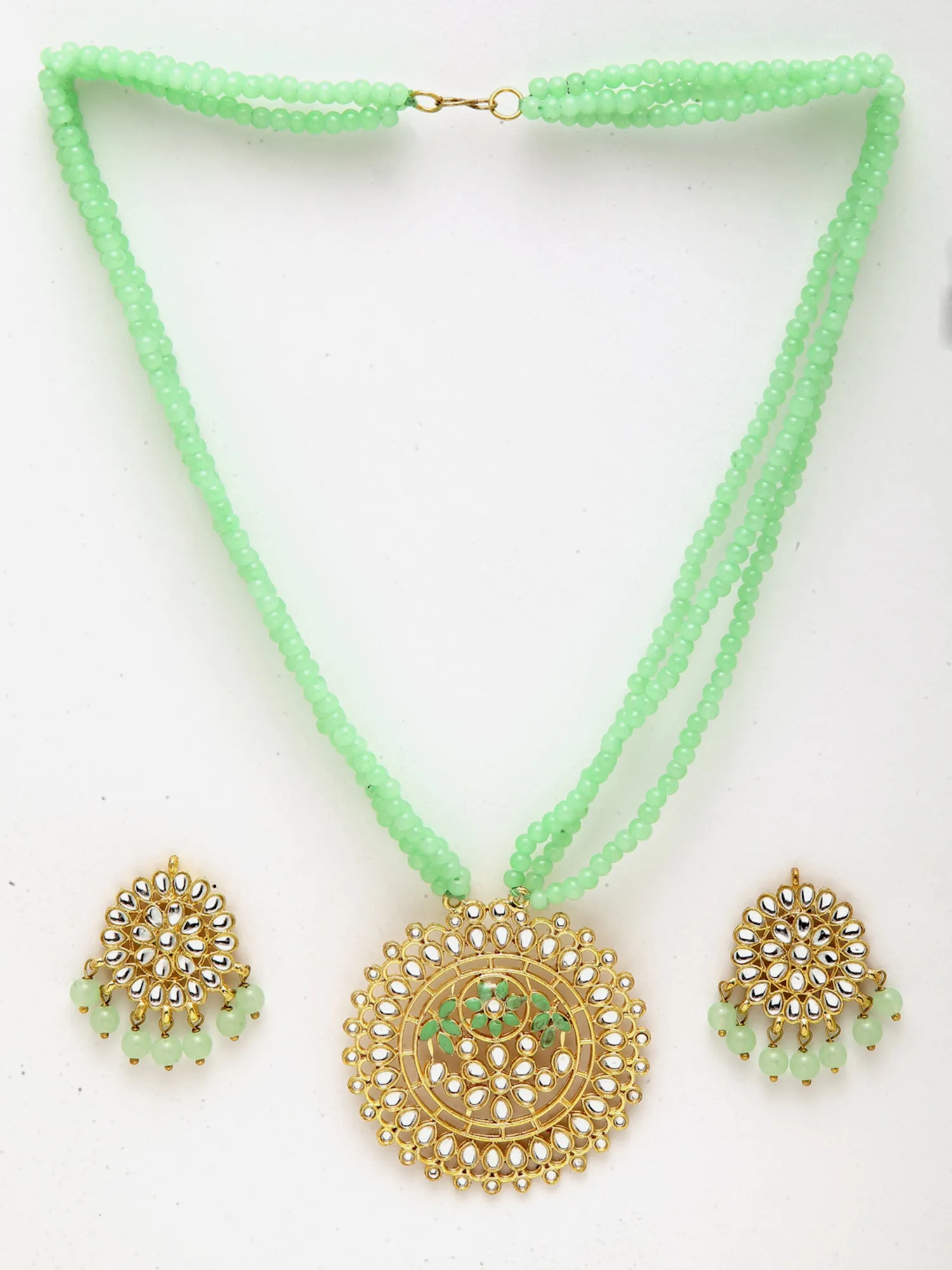 Gold Plated Antique Light Green Kundan Rani Haar Beaded Pendant Set